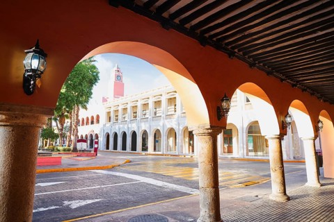Merida city arcade arcs of Yucatan in Mexico