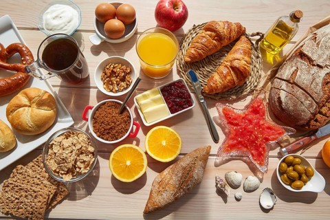 Continental buffet breakfast with assorted healthy food and coffee