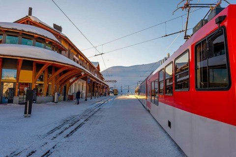Railroad Station at 2061 Meters High Up in a Snowy Sunny Winter Day in Kleine Scheidegg,