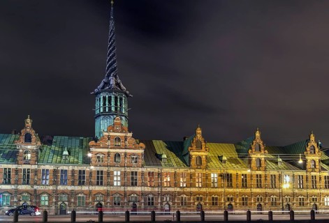 Evening. Borsen is a building in central Copenhagen, Denmark. It was built by Christian IV in 1619