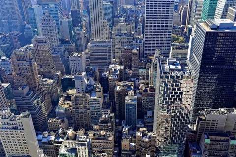 Viewing terrace of Rockefeller Center, detailed view of densely built-up skyscrapers in the city,