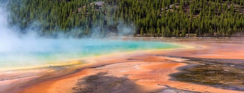 Famous Grand Prismatic Spring basin in Yellowstone National Park, USA, North America