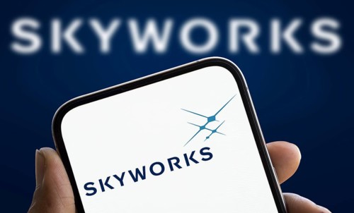 skyworks logo is displayed on smartphone. Skyworks Solutions Inc is an American semiconductor