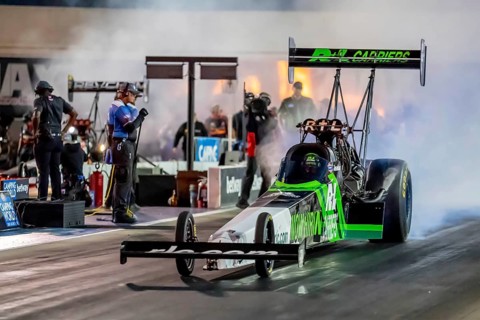 Sep 22, 2023-Concord, NC: NHRA Top Fuel Dragster Series driver, Josh Hart, runs down the lane