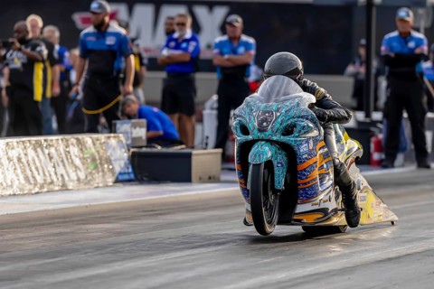 Sep 22, 2023-Concord, NC: NHRA Pro Stock Motorcycles Series driver, Jerry Savoie, runs down the
