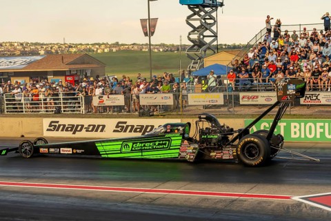 NHRA driver, Leah Pruett, prepares to qualify for the Dodge Power Brokers NHRA Mile-High Nationals