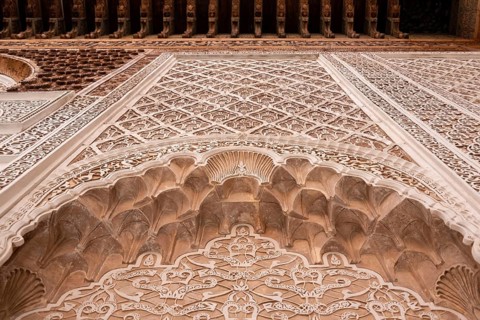 MARRAKECH, MOROCCO, APRIL 18, 2023, Famous Madrassa Ben Youssef in the medina of Marrakech