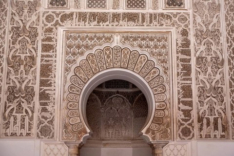 MARRAKECH, MOROCCO, APRIL 18, 2023, Famous Madrassa Ben Youssef in the medina of Marrakech