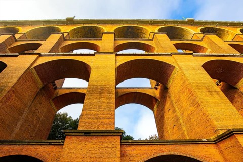The Goltzsch Viaduct is the largest red brick viaduct in the world. Strong bridge supports. Germany