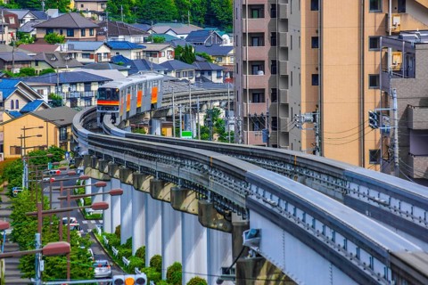 Tama monorail which runs a residential area. Shooting Location: Tokyo metropolitan area