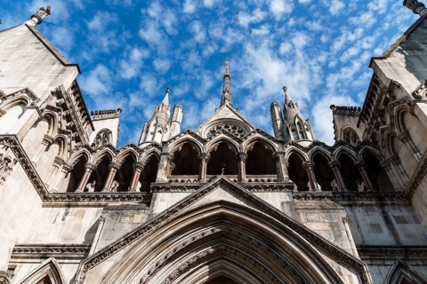 London, UK, August 25, 2023: Low angle view of The Royal Courts of Justice in the Strand