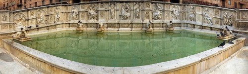 The Fonte Gaia is a monumental fountain located in the Piazza del Campo, opposite the Palazzo