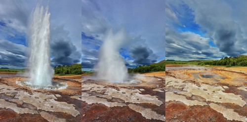 Collage showing different phases of the action of the geyser. Geyser Strokkur in Iceland. Fountain