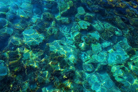 Ibiza Portinatx Arenal Gran beach in Balearic Islands clear water detail
