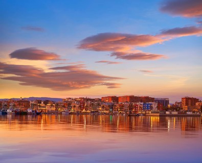 Tarragona port sunset with sea reflection in Catalonia