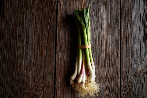 Green garlic bunch on a wooden background texture
