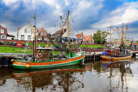 Traditional shrimp boats in the harbour of Greetsiel, East Frisia, Germany, Europe