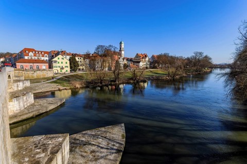 View of the Danube in Regensburg from the stone bridge in the morning
