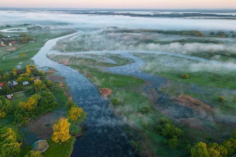 Biebrza National Park, morning mood, fog, shot with drone, wetland, river, Poland, Europe