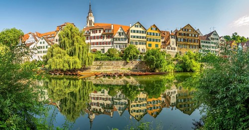 High-res panorama of the historic oldtown and riverfront of the city of Tübingen in Southern