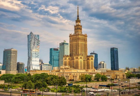 Evening clouds over Palace of Culture and Science and skyscrapers in Warsaw, Poland, Europe