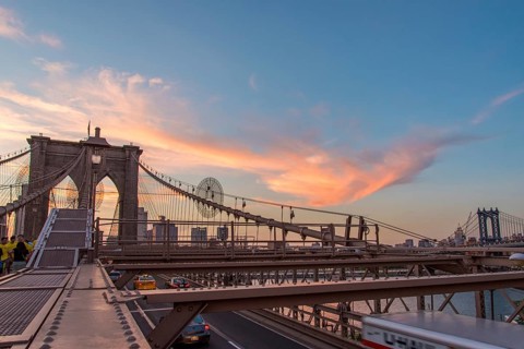 Night coming over famous Brooklyn Bridge, New York City, USA, North America
