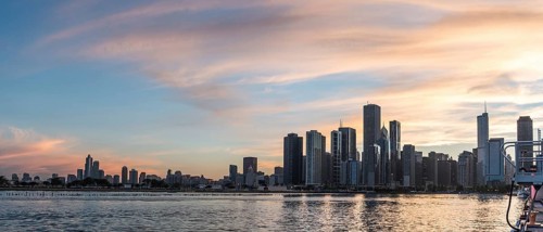 Sunset over the skyline of Chicago, from Navy Pier, USA, North America