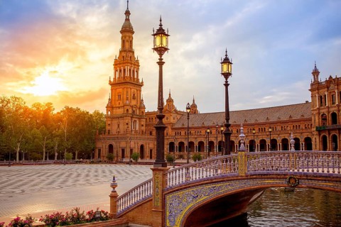 Seville Sevilla Plaza de Espana at sunset in Andalusia Spain square