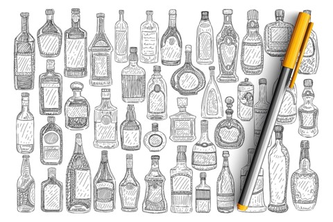 Various glass bottles doodle set. Collection of hand drawn glass bottles with labels for drinks