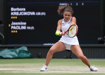 Italian tennis player Jasmine Paolini in action at the 2024 Wimbledon Championships, London,
