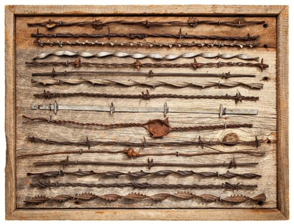 Vintage rusty barbed wire collection on isolated barn wood board