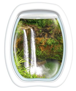 Plane window on ropical Manawaiopuna Falls also called Jurassic Park Falls, Kauai, Hawaii, United