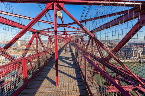 The Bizkaia suspension transporter bridge (Puente de Vizcaya) in Portugalete, Spain inside. Walking