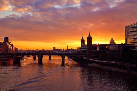 London sunset at Thames with St Paul Pauls Cathedral of England