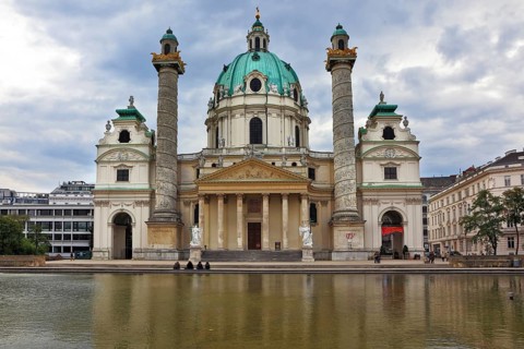 VIENNA, AUSTRIA - SEPTEMBER 26, 2013: The famous Church of St. Charles Borromeo in the Baroque