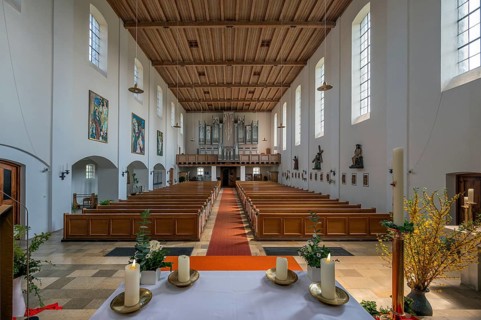 The organ loft, St Mary's is the Catholic parish church, its patron saint is Mary, Queen of