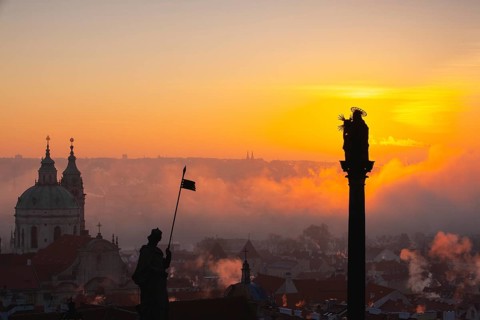 The Church of St.Nicholas in the mist. Prague, Czech Republic.This is the most famous Baroque