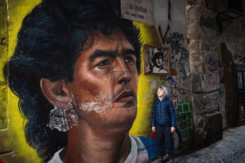 NAPLES, ITALY - JANUARY 14, 2024: Graffiti image of legendary FC Neapoli and Argentine national
