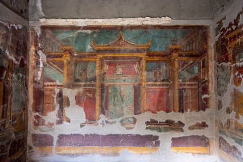 OPLONTIS, ITALY, MAY 03, 2022, Scenic frescos on the wall of famous Villa Oplontis, ancient Roman
