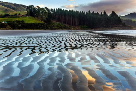 Sunrise over the ocean. Low tide. Strips of sand and water left by the ocean tide. New Zealand,