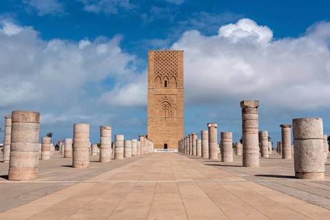 Iconic Hassan tower in the center of Rabat, planned as a even higher minaret of a mosque, Morocco,
