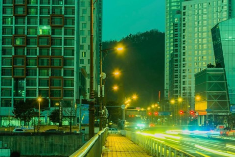 Daejeon, South Korea, January 17, 2019, Night cityscape of traffic at busy intersection with modern