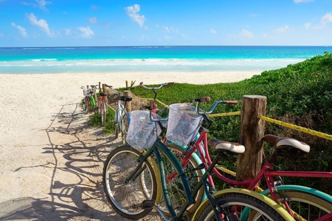Tulum Caribbean beach bicycles in Riviera Maya of Mayan Mexico