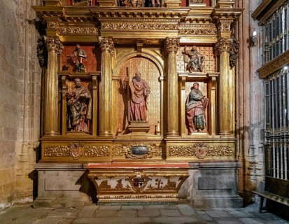 Segovia, Spain, 7 April, 2024: detail view of a gilded altar piece in a side chapel of the Segovia