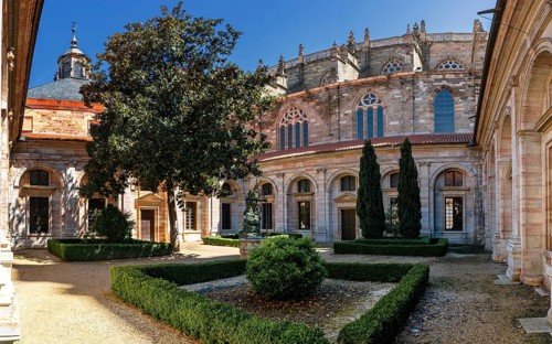Astorga, Spain, 12 April, 2024: view of the cloister and inner courtyard of the Cathedral of Saint
