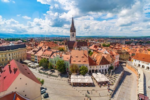 Small Square and Lutheran Cathedral in Sibiu, Transylvania, Romania, Europe