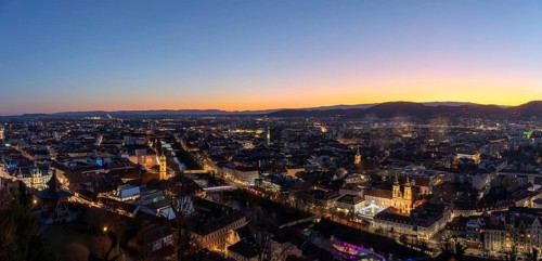 Evening mood, view from the Schlossberg to the illuminated Murinsel and the Mariahilferkirche,