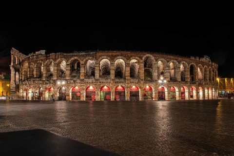 Beautifully illuminated Arena of Verona at Night, Italy, Europe