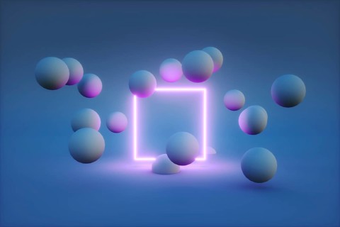 3d render of neon frame with balls around it. modern technology concept. High quality 3d