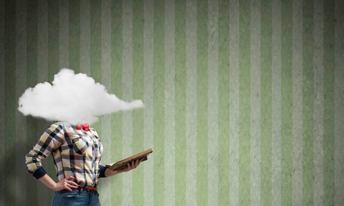 Unrecognizable woman with book and cloud instead of head on stripe background